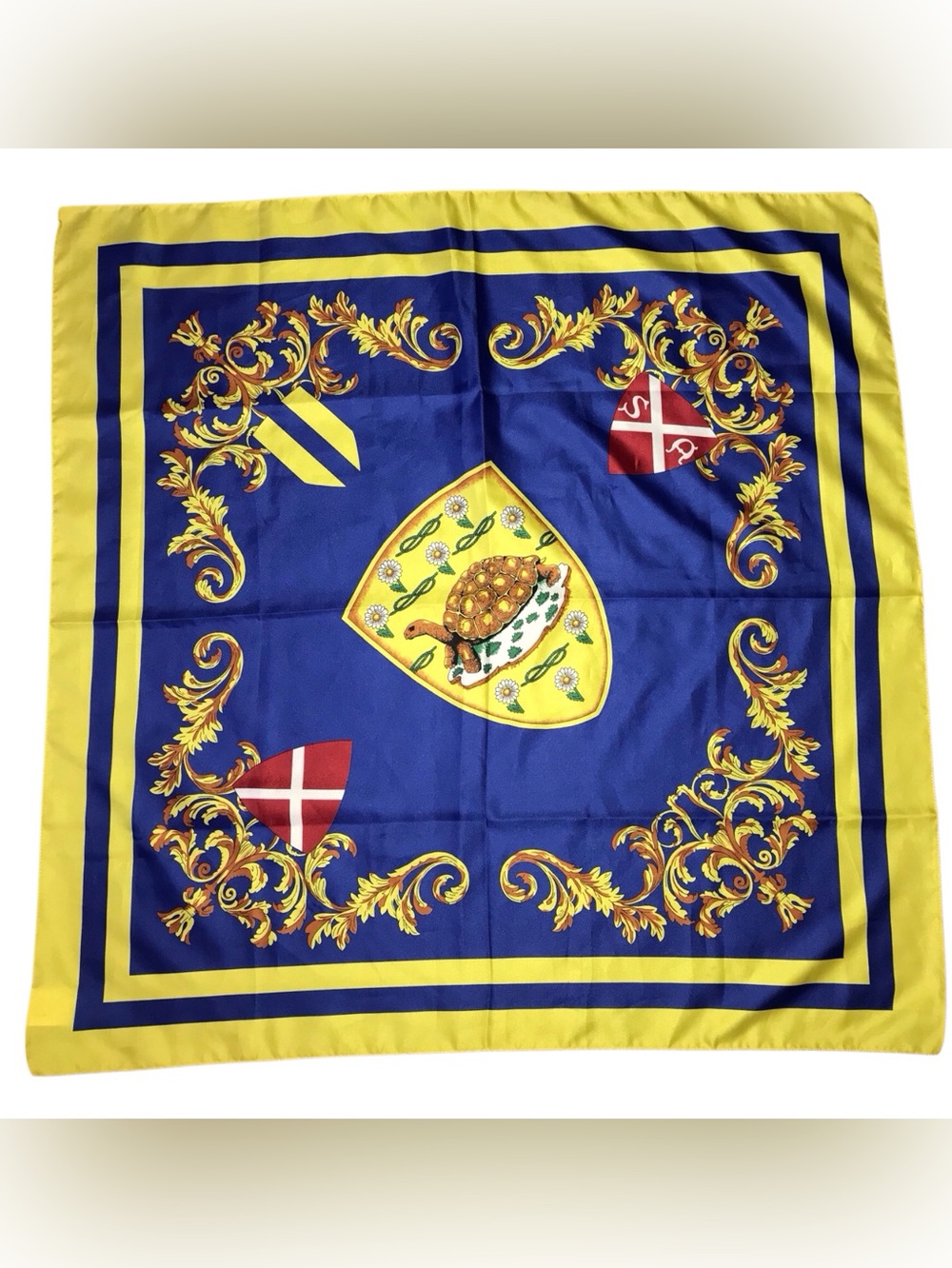 Navy & Yellow Decorative Scarf with Crest  Turtle Motif